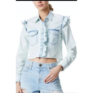 Alice + Olivia Womens Hannah White Ruffled Denim Button-Down Top Size XS